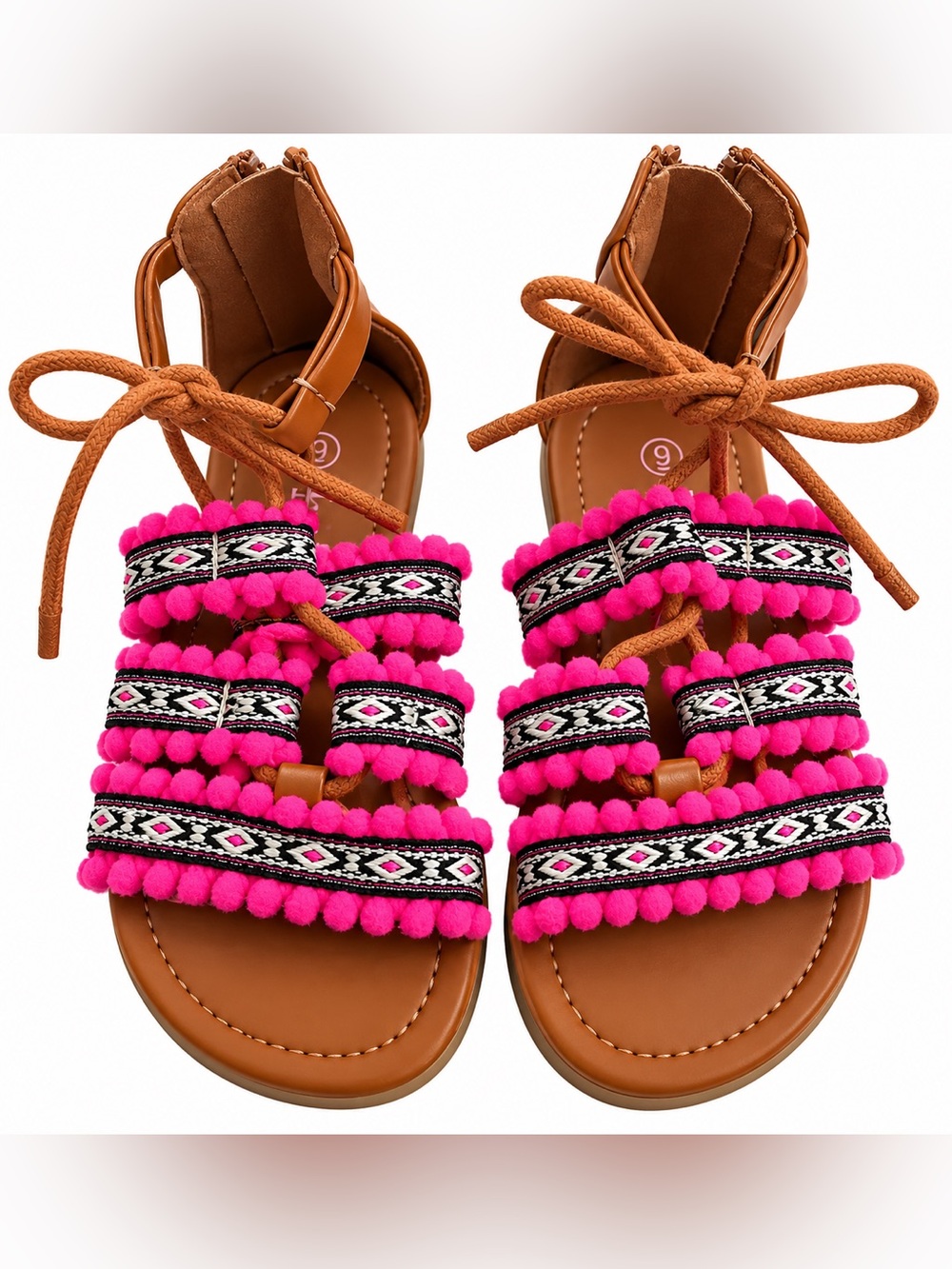 Kidgets Hot Pink Pom Pom Boho Lace-Up Sandals